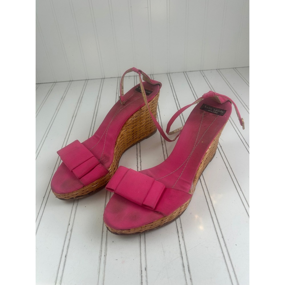 Kate Spade Vintage Y2K 2005 Pink Woven Espadrille Bow Wedges Women's Size 10 - Picture 5 of 11